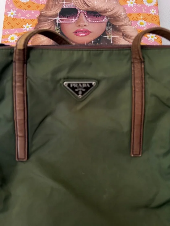 Prada Olive Green Nylon Tote with Brown Leather Trim. - Picture 2 of 9